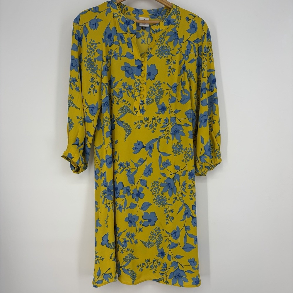 Cabi Lemon Drop Shift Dress M Yellow Blue Floral 3/4 Sleeve Resort Semi-Sheer